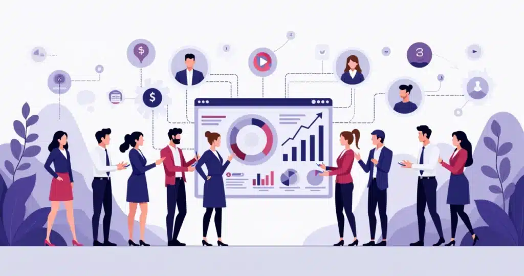 Reduzir CAC com Parcerias: Guia Prático para Canais de Vendas Ilustração corporativa mostrando equipe de vendas conectando com parceiros estratégicos em plataforma digital