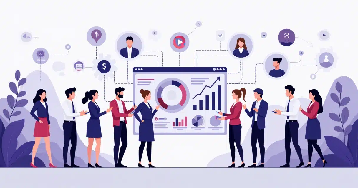 Ilustração corporativa mostrando equipe de vendas conectando com parceiros estratégicos em plataforma digital