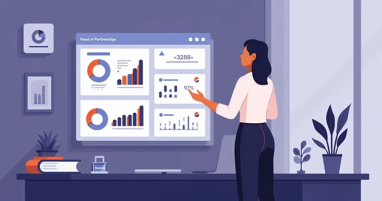 Ilustração corporativa do Head de Parcerias analisando dashboards de performance e gerenciamento de comissionamento em tela digital