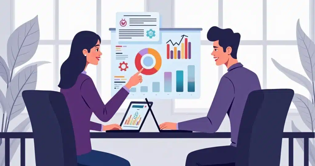 Two business partners exchanging feedback with performance charts and lead metrics on screens