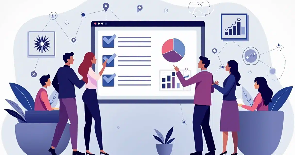 Corporate flat illustration of a business team collaborating on a partner onboarding checklist on a large digital screen with charts and goals displayed