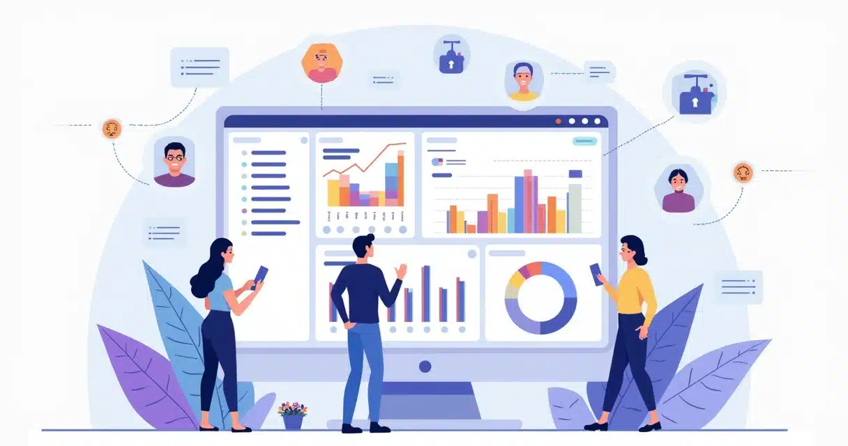 Corporate flat illustration of a partnership management dashboard with charts, partner avatars, commission tracking, and data security icons
