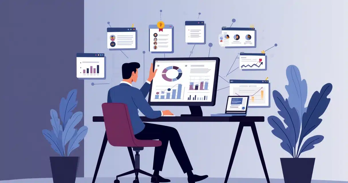 Illustration showing a business manager reviewing partnership terms on a digital dashboard surrounded by icons representing commissions, leads, gamification, and SLAs