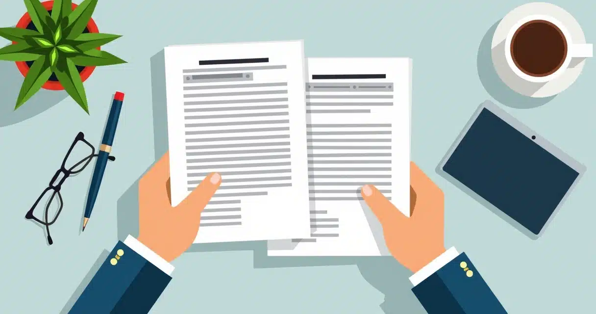 Flat illustration of hands holding partnership agreement documents with pens and digital devices on a desk