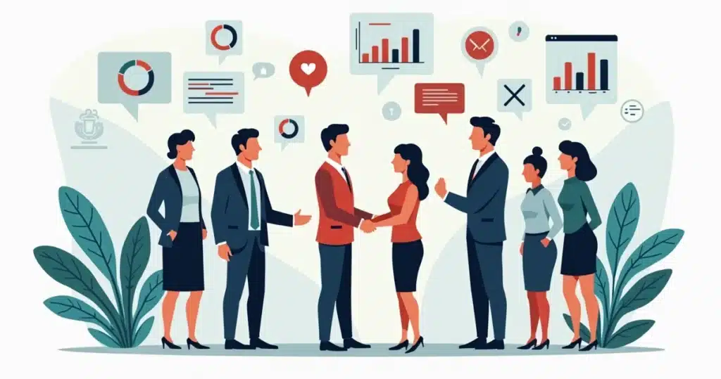 Illustration of diverse business partners shaking hands surrounded by charts and communication icons in corporate flat style