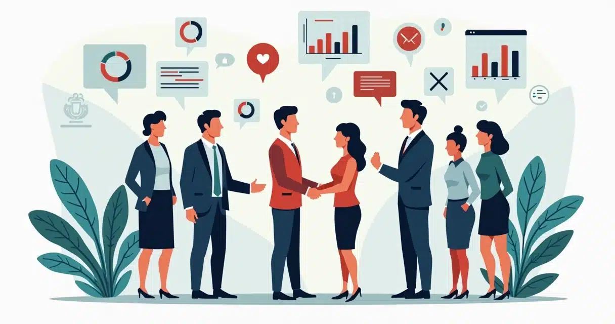 Illustration of diverse business partners shaking hands surrounded by charts and communication icons in corporate flat style