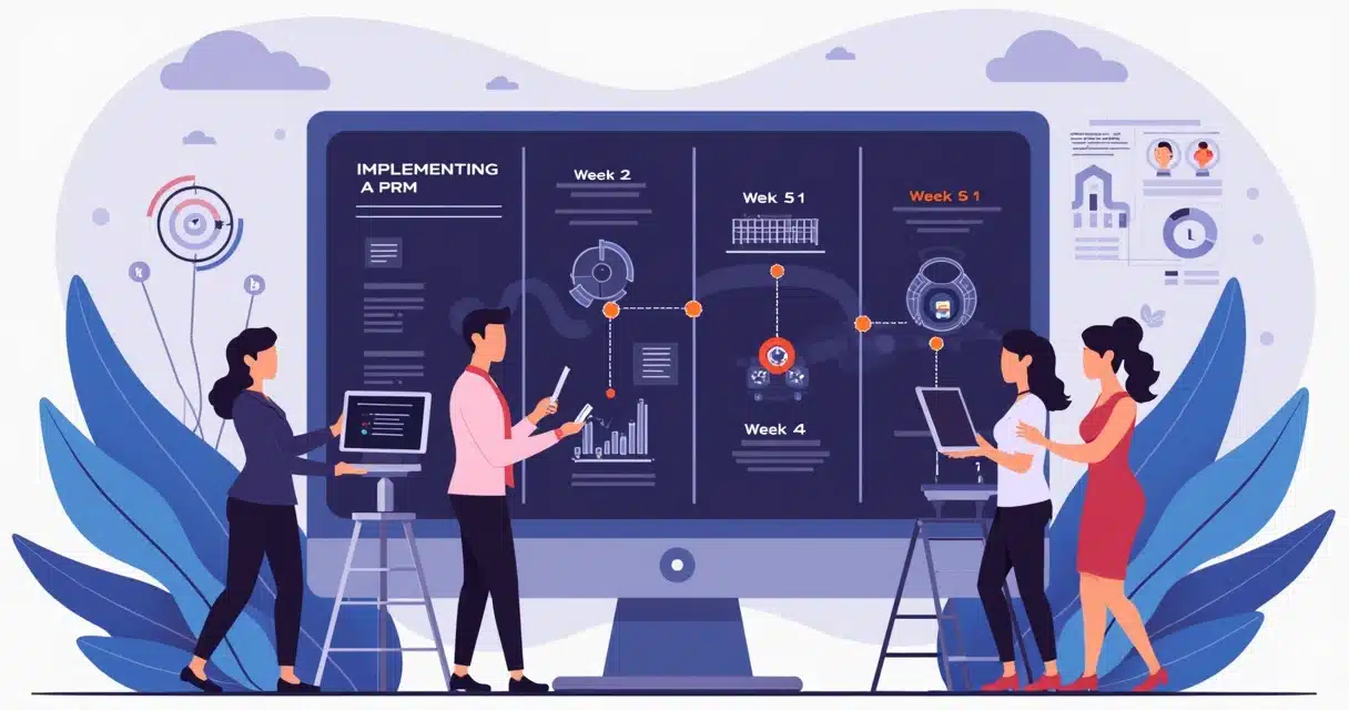 Corporate flat illustration of a step-by-step PRM adoption plan with weekly milestones and dashboard elements