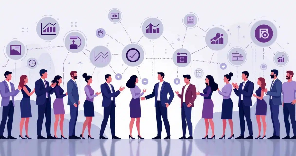 Ilustração corporativa de equipe conectando parceiros de vendas B2B com gráficos de crescimento e ícones de tecnologia