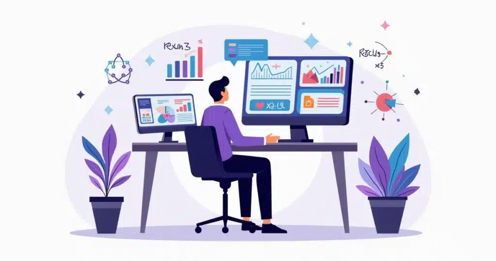 Flat illustration of a businessperson analyzing partnership ROI with charts and graphs on multiple screens in a corporate setting