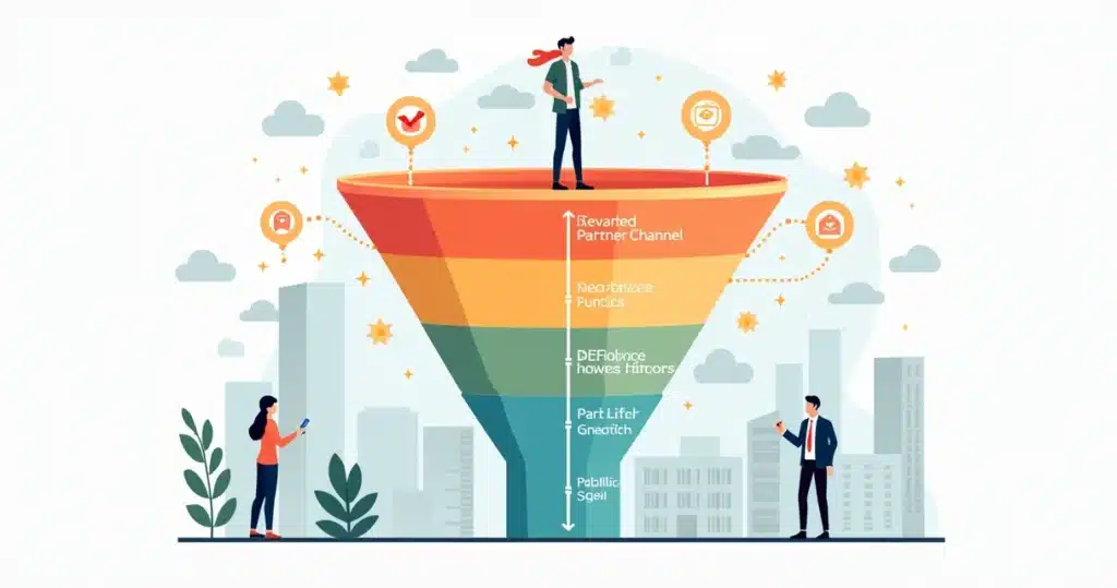Illustration of a sales funnel for partner channels with steps and digital triggers in corporate flat style