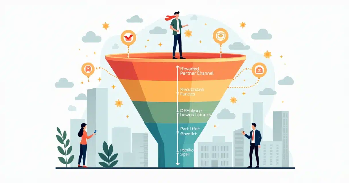 Illustration of a sales funnel for partner channels with steps and digital triggers in corporate flat style