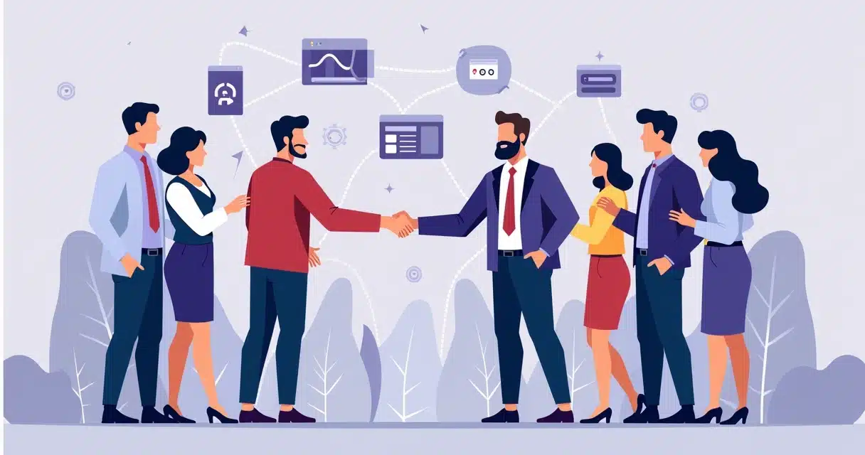Illustration of diverse business partners shaking hands with charts and digital connections in the background