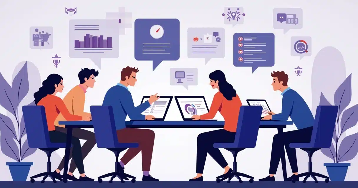 Flat illustration of a diverse team engaging in gamification activities with charts, trophies, and digital devices