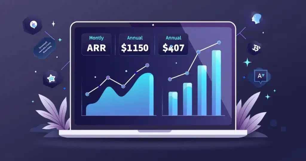 Ilustração corporativa plana mostrando gráficos de ARR e MRR em um dashboard digital com cores roxo e azul
