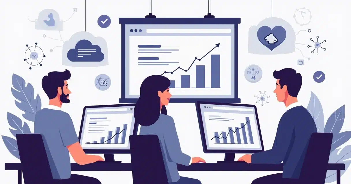 Ilustração corporativa de pessoas analisando gráficos de comissões e desempenho com ícones de parceria e SaaS ao fundo