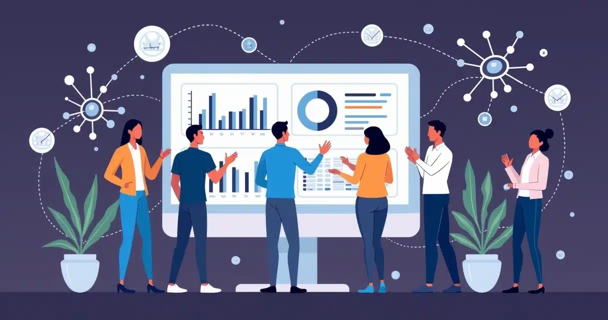 Ilustração corporativa plana mostrando pessoas colaborando em estratégias de canal challenger com gráficos de performance e conexões digitais em fundo roxo