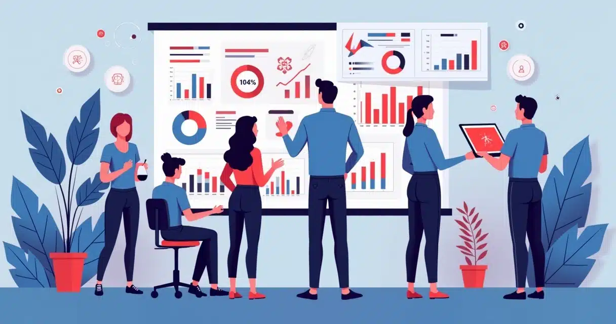 Ilustração corporativa mostrando uma equipe diversa de parceiros de vendas em destaque, interagindo com gráficos e dashboards digitais coloridos em tons roxo e azul, simbolizando o engajamento e a per