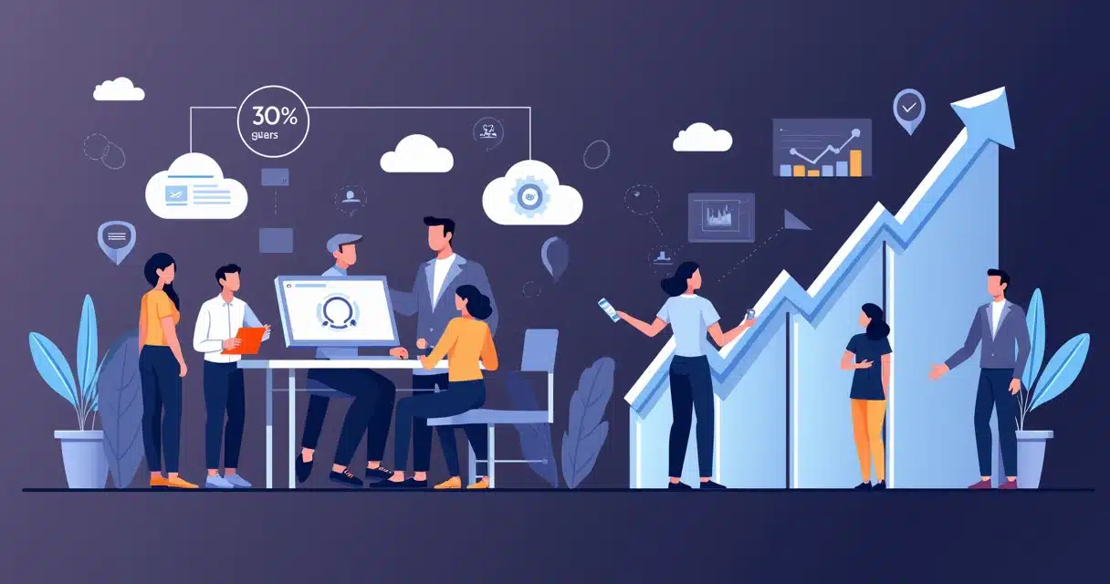 Ilustração corporativa flat de equipes integrando tecnologia SaaS com crescimento de gráficos e parcerias estratégicas