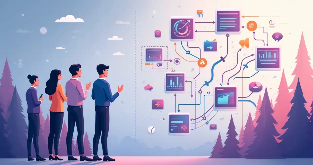 Ilustração corporativa mostrando equipe alinhada e fluxos de canais de vendas B2B conectados e crescendo