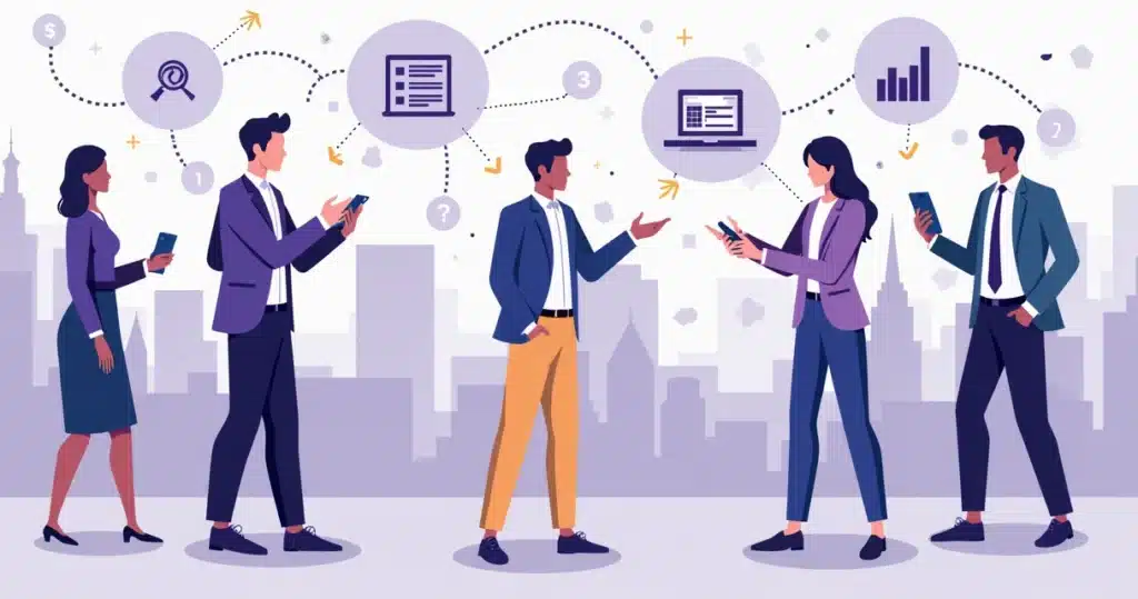 Ilustração corporativa de pessoas conectadas por redes de parceria com ícones de vendas, comissionamento e tecnologia em background roxo