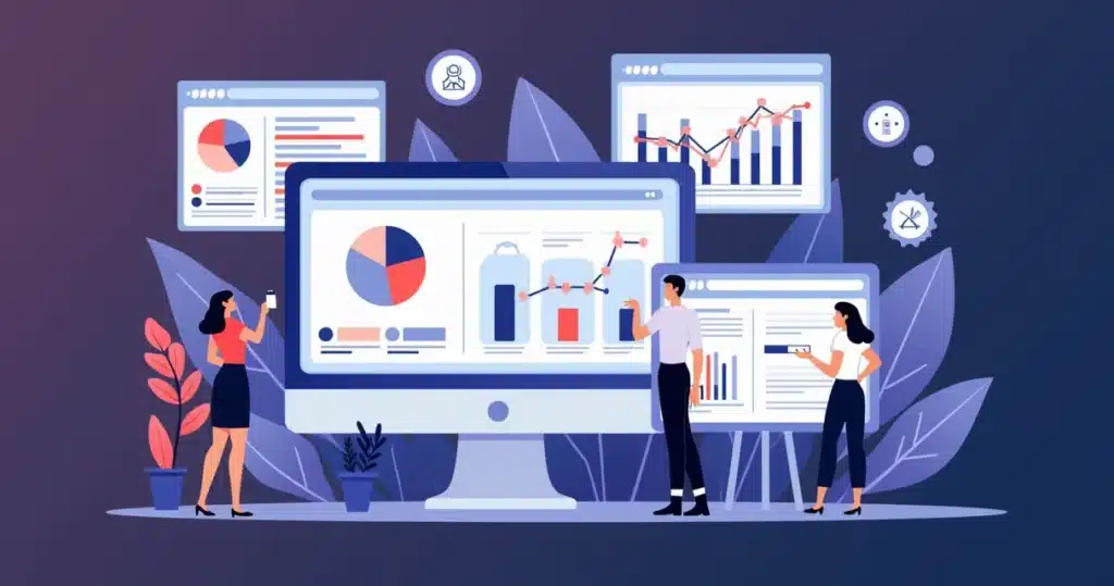 Ilustração corporativa plana mostrando dashboards de performance, gráficos de comissões e equipe colaborando em gestão de parceiros