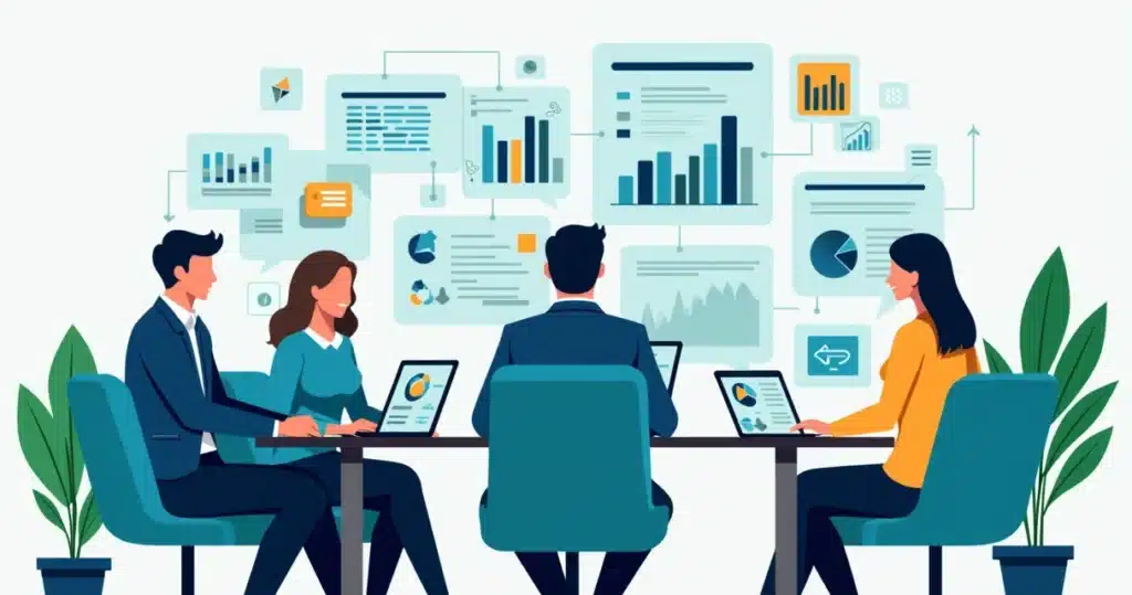 Ilustração corporativa de eGuia completo de parcerias para escritórios contábeis modernosquipe colaborando em escritório contábil moderno com gráficos e tecnologia de gestão de parcerias