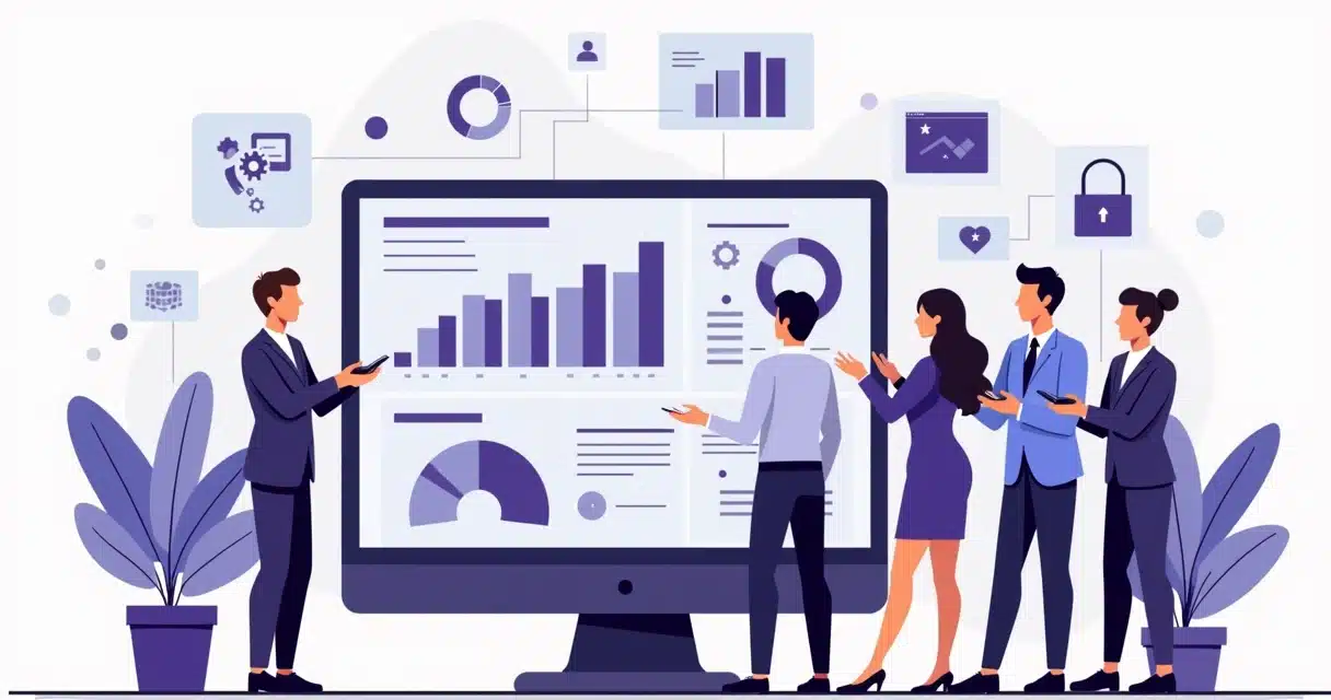 Ilustração corporativa com gráficos, pessoas interagindo e ícones de parceria mostrando integração de software PRM