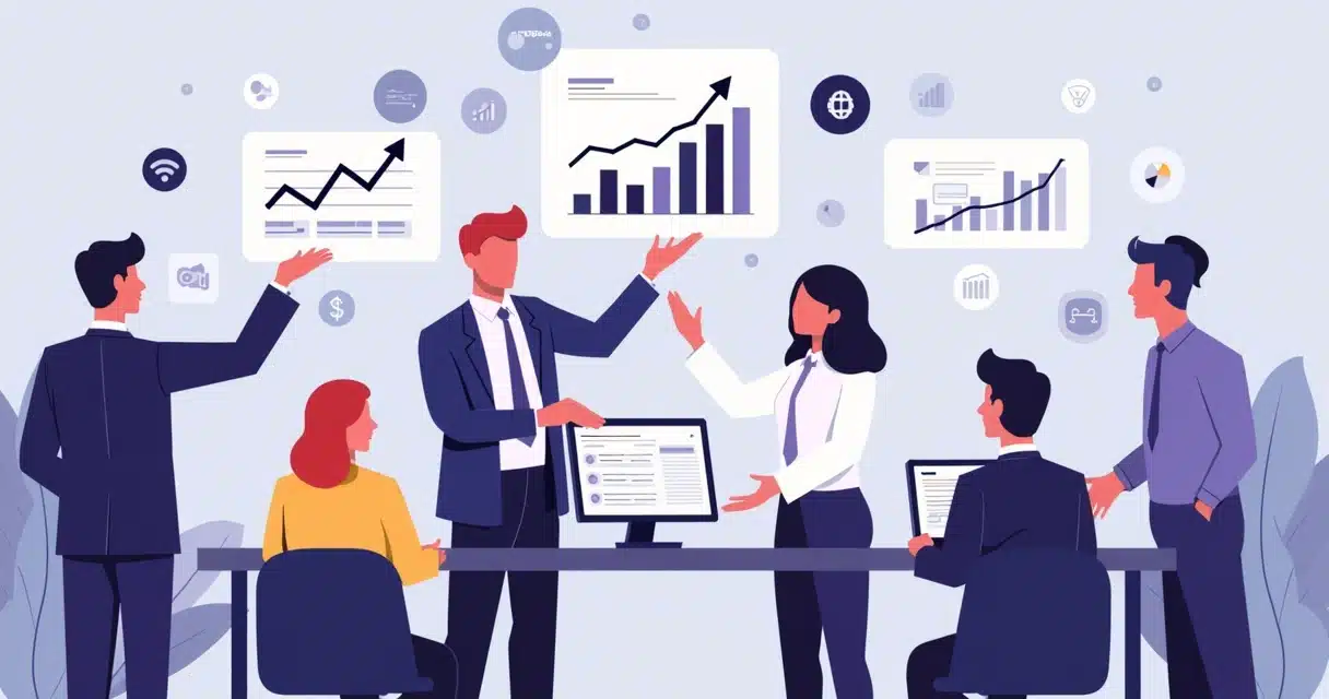 Ilustração corporativa mostrando parceiros de negócios interagindo com gráficos de desempenho e ícones de comissões e bônus