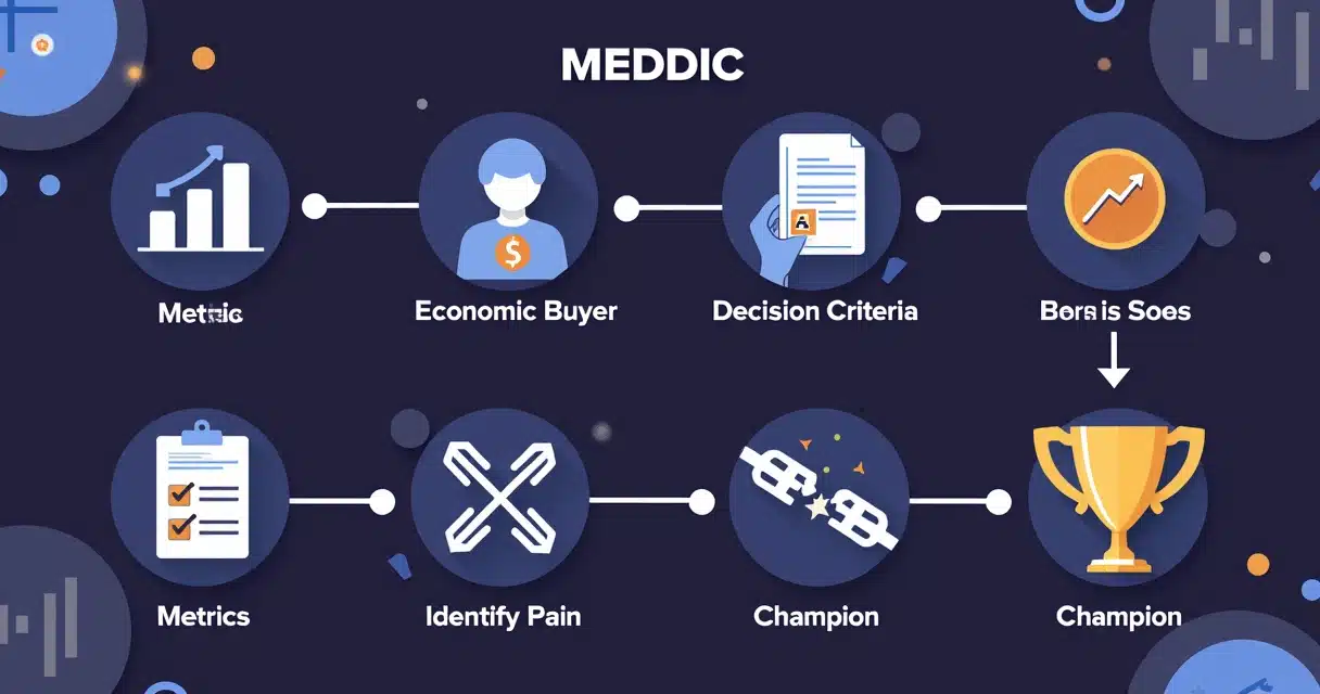 Ilustração corporativa com elementos da metodologia MEDDIC para vendas B2B, mostrando ícones representando Métricas, Decisão, Critérios, Processo, Dor e Campeão em fundo roxo escuro com azul claro e c