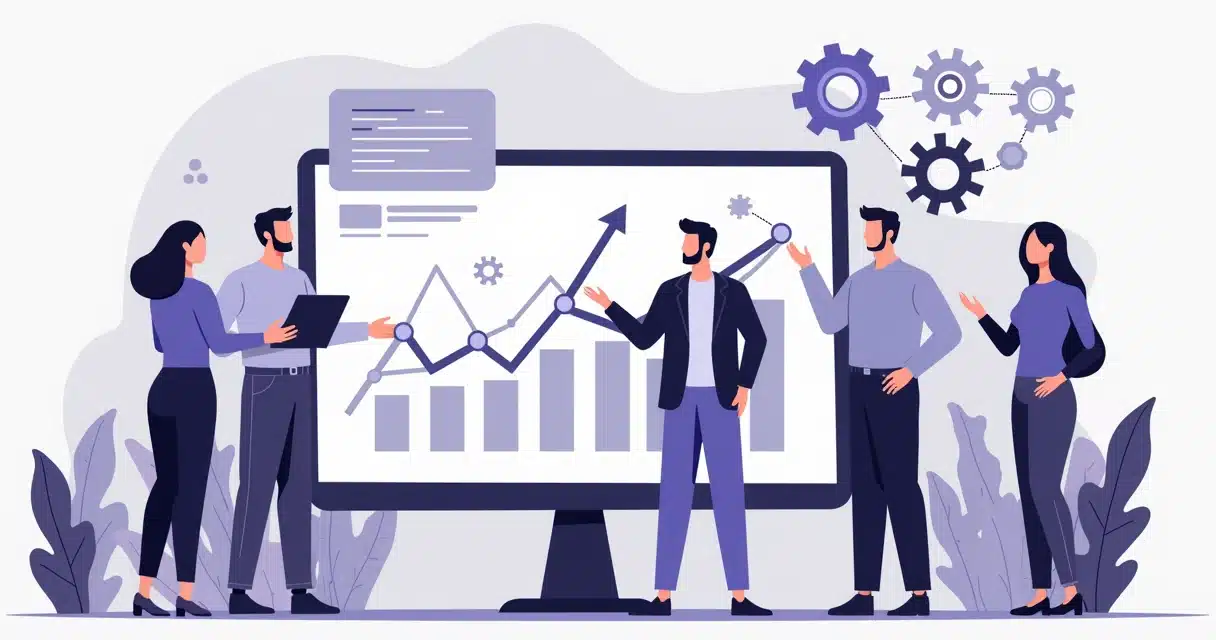Ilustração corporativa flat mostrando automação e processos padronizados em negócios escaláveis com gráficos e equipe colaborando