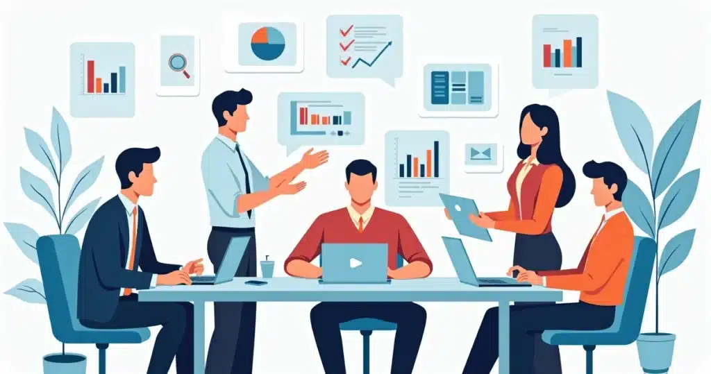 Ilustração corporativa de profissionais de contabilidade e parceiros de negócios em reunião com gráficos e ícones de colaboração ao redor