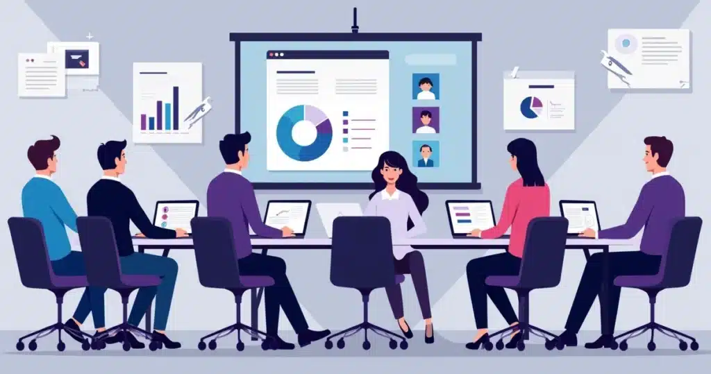 Ilustração corporativa flat de uma reunião de recrutamento com candidatos e avaliadores em ambiente moderno