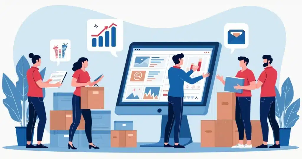 Ilustração corporativa flat mostrando automação de vendas com gráficos, equipe de parceiros e fluxos de trabalho organizados em tons de roxo e azul