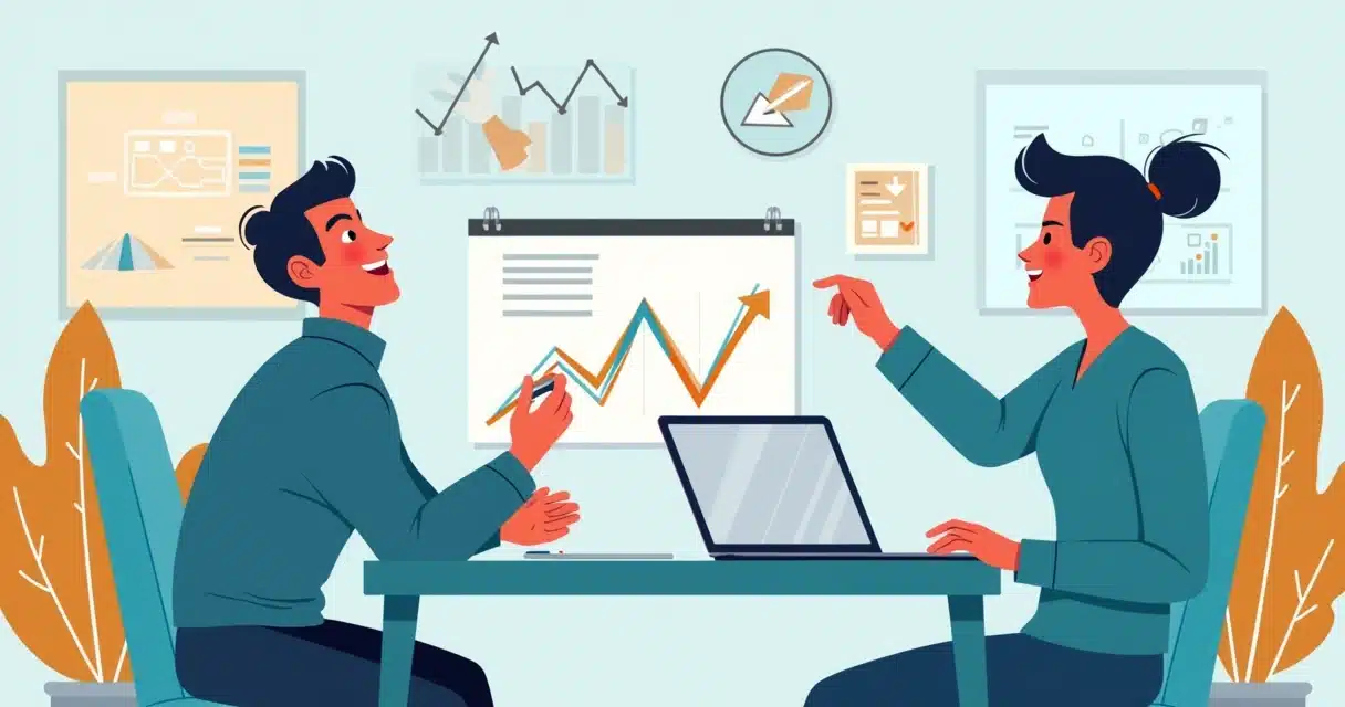 Ilustração corporativa flat mostrando gestores analisando gráficos e Indicadores de leads qualificados em um ambiente de escritório moderno
