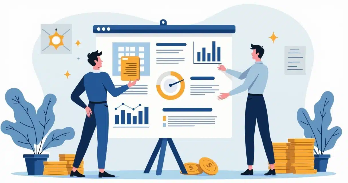 Ilustração corporativa plana mostrando critérios de qualificação de leads ANUM com ícones de autoridade, necessidade, urgência e dinheiro em destaque