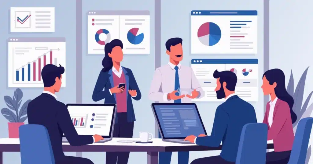 Ilustração corporativa de equipe de vendas e parceiros reunidos planejando rotina de vendas com gráficos, computadores e dashboards ao fundo