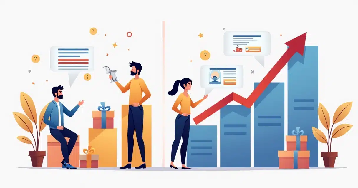Ilustração corporativa mostrando comparação entre vendas diretas limitadas e expansão por canais de vendas com parceiros conectados e gráficos de crescimento