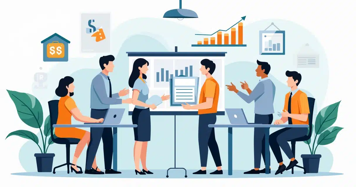 Ilustração corporativa flat mostrando etapa do método SPIN Selling em reunião de negócios B2B