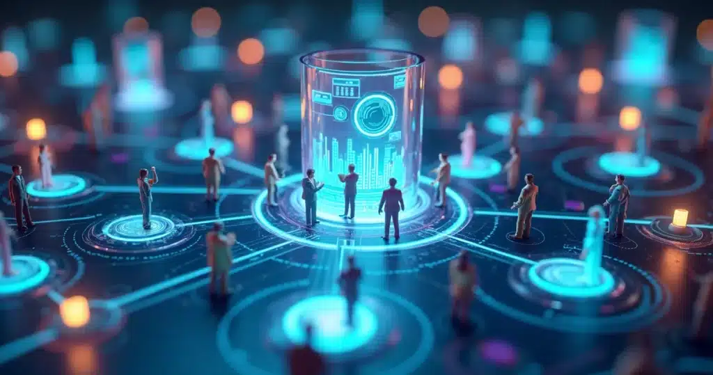 Representação 3D de profissionais conectados em rede, gráficos de desempenho e dispositivos digitais mostrando dashboards interativos de marketing para canais de parceiros, com cores vibrantes e eleme