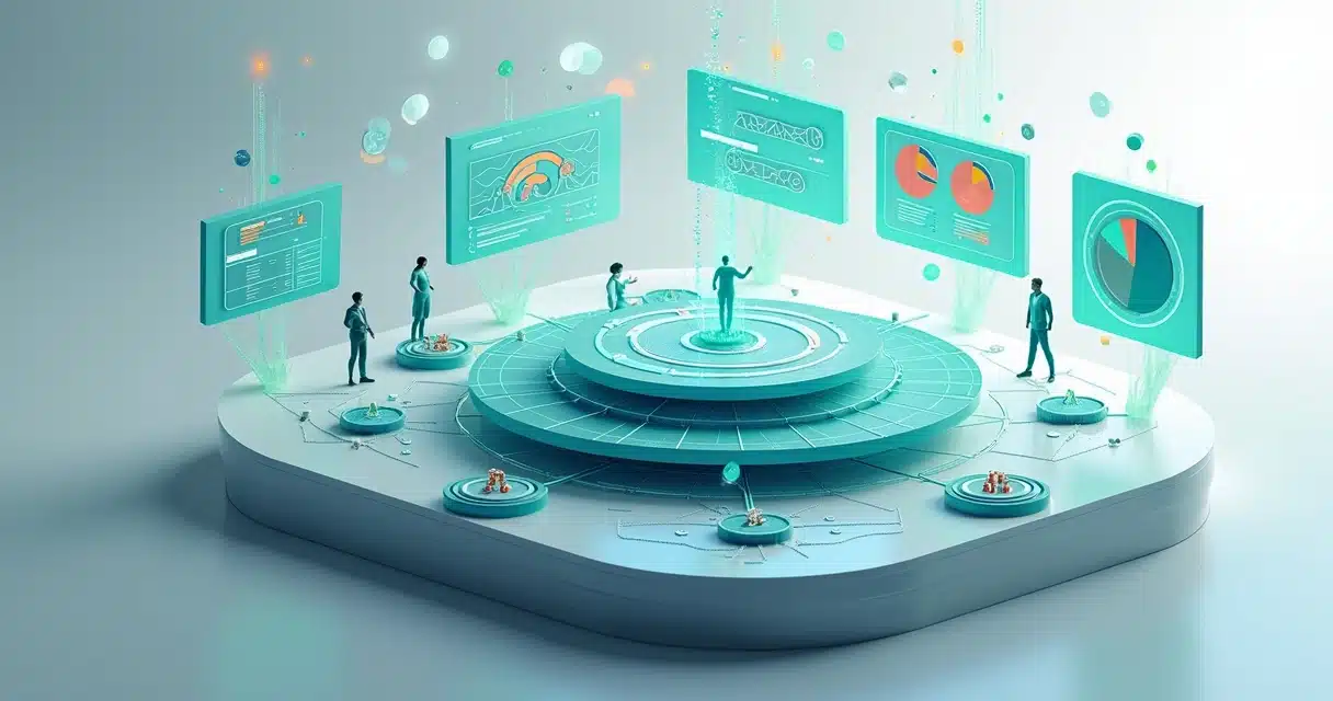 Modelo 3D mostrando fluxo digital de captação de leads em canais B2B com gráficos e parceiros conectados