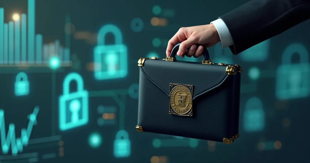 Representação 3D de uma mão segurando uma maleta com o símbolo de compliance, com gráficos flutuantes e cadeados digitais ao redor, mostrando controle e segurança em canais de parceria B2B