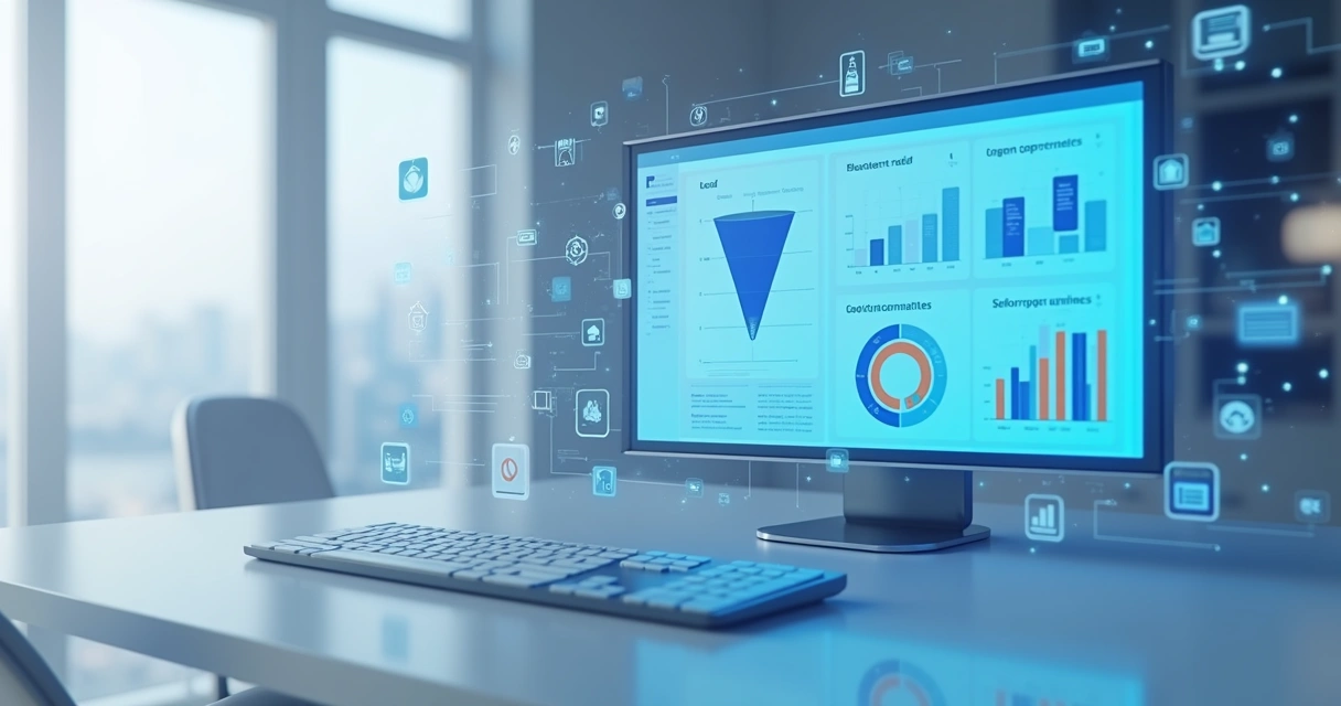 Modelo 3D de dashboard CRM exibindo funil de vendas, leads e métricas em tela azul e cinza