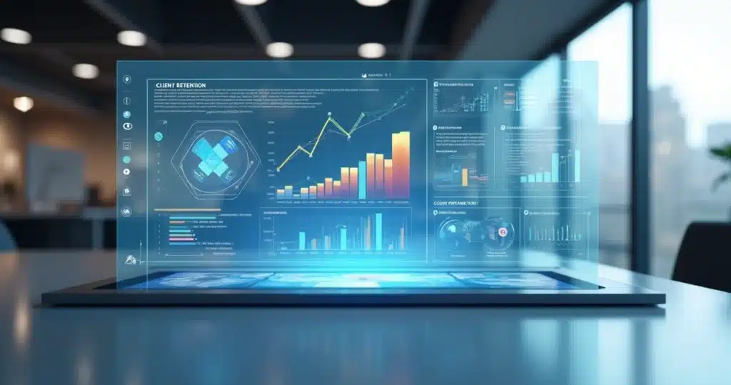Tela 3D de dashboard digital com métricas e gráficos para retenção de clientes contábeis