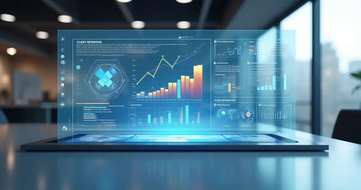 Tela 3D de dashboard digital com métricas e gráficos para retenção de clientes contábeis