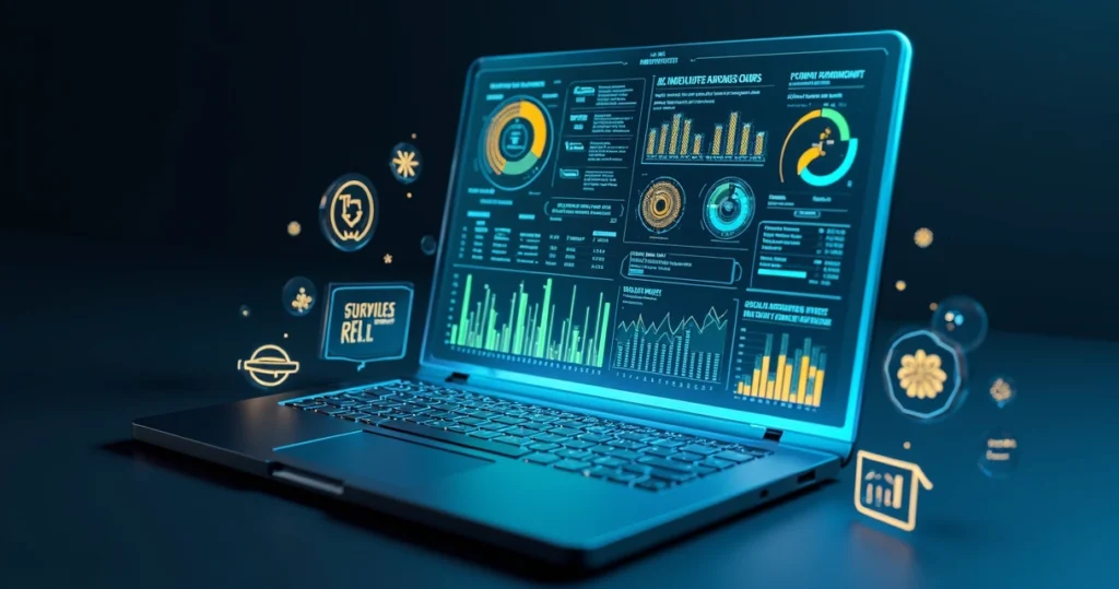 Dashboard 3D com indicadores de performance e gráficos coloridos para parceiros de vendas