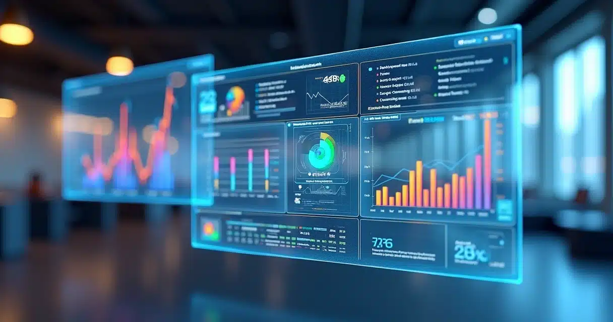 Dashboards 3D com gráficos e indicadores de de canais de vendas em tela digital