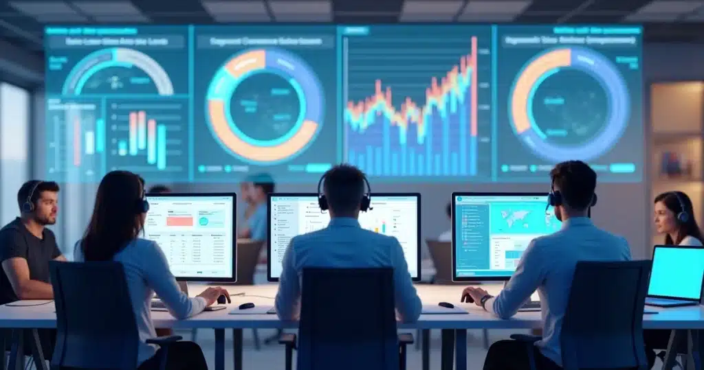 Equipe de vendas outbound B2B trabalhando em escritório moderno com computadores e gráficos digitais