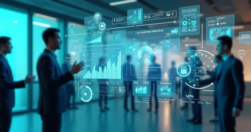 Ilustração 3D de profissionais de vendas interagindo com dashboards digitais e gráficos de desempenho ao redor de ícones de serviços contábeis e parcerias