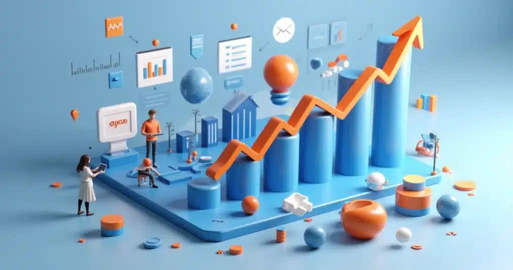 Representação 3D de estratégias digitais para captação de leads, com gráficos, telas de computador e ícones de marketing digital