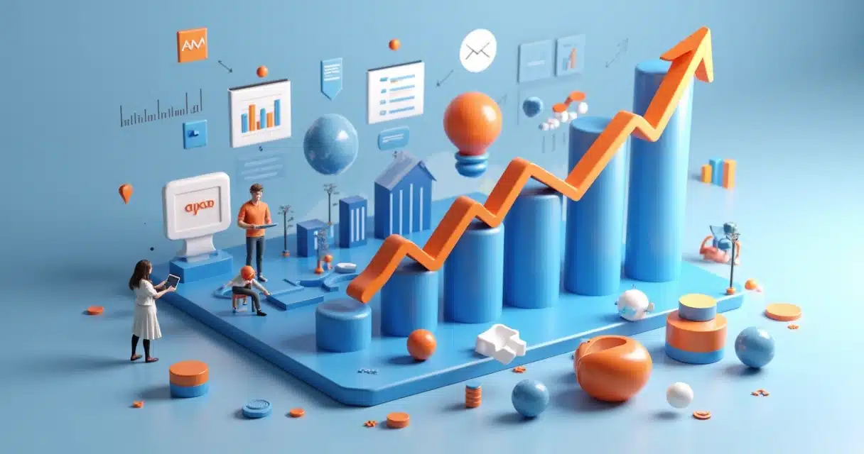 Representação 3D de estratégias digitais para captação de leads, com gráficos, telas de computador e ícones de marketing digital